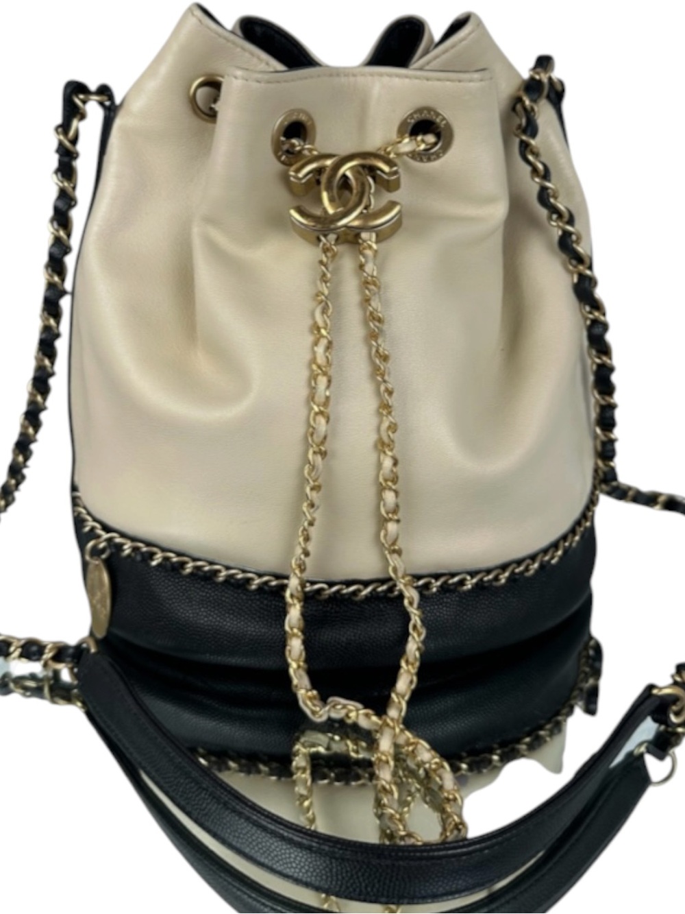 CHANEL Caviar Leather CC Drawstring Bucket Bag Black Ivory GHW Shoulder Bag